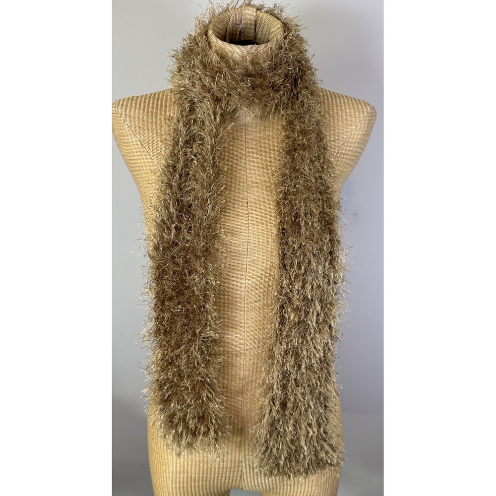 Vtg Y2K Fuzzy Fluffy Eyelash Knit Tube Scarf Tan Gold Neutral Fairy Core 72"